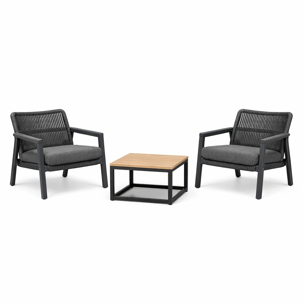 Loungeset Aluminium Grau Sessel Tisch Akazienholz-HOMVIROX