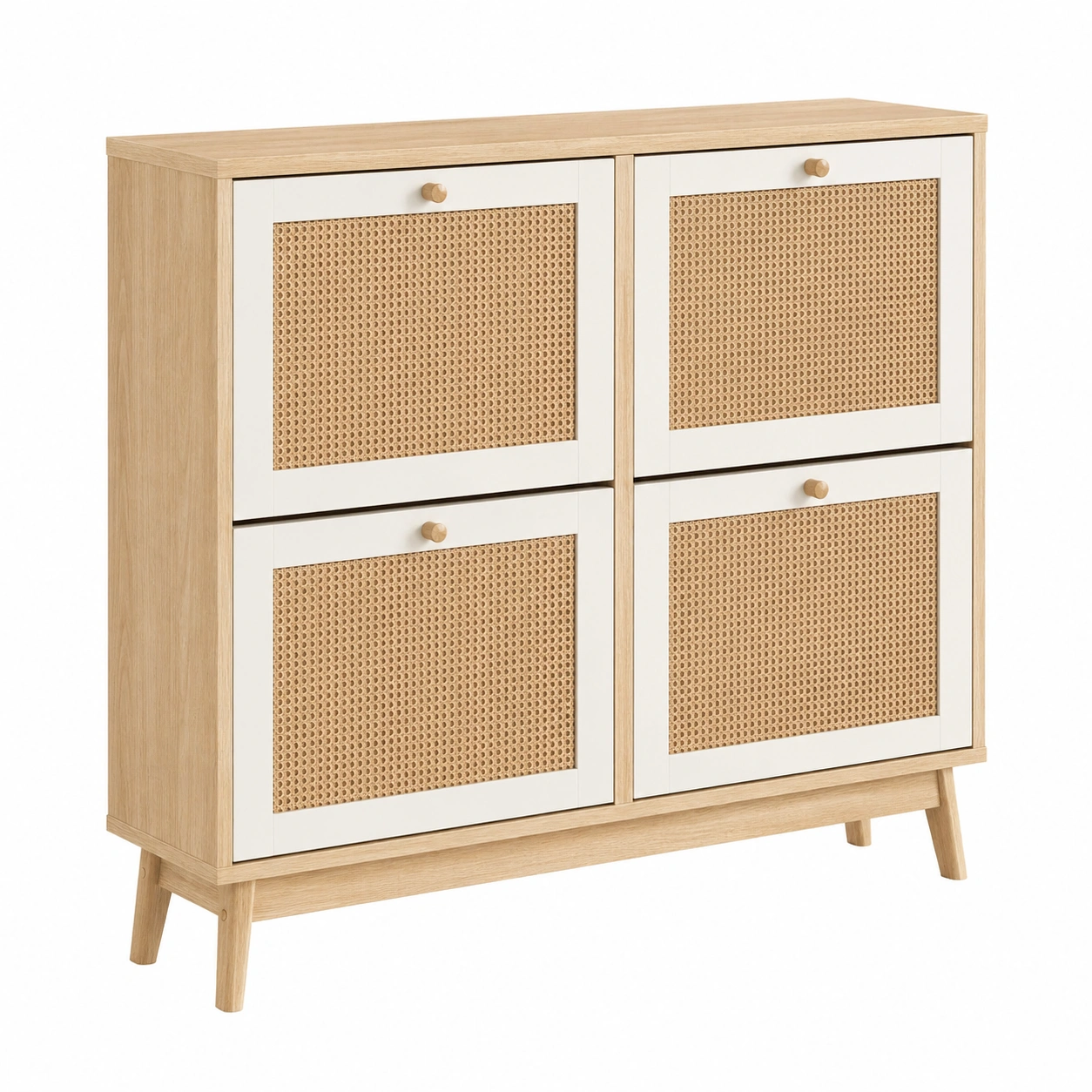 Zapatero moderno de 4 compartimentos con panel de ratán color madera natural-buymirae