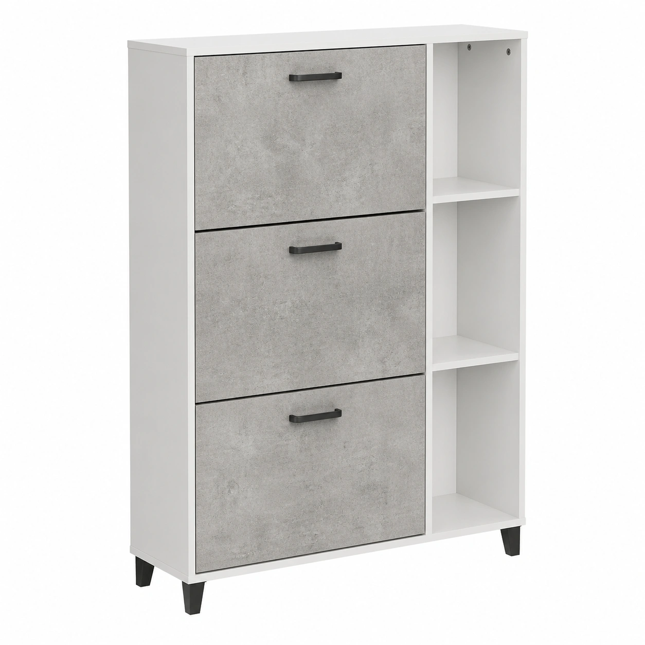 Zapatero moderno con estantes laterales y cajones abatibles Gris cemento/Blanco-buymovo