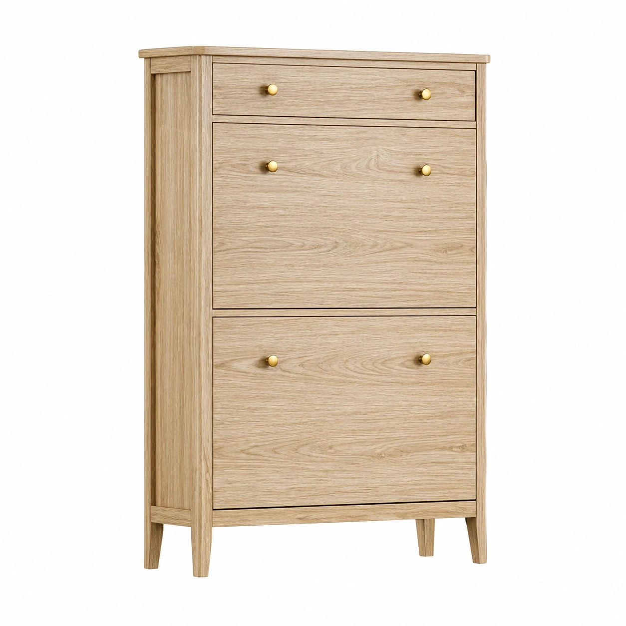 Zapatero moderno de madera clara con 3 compartimentos y tiradores metálicos-buymovo