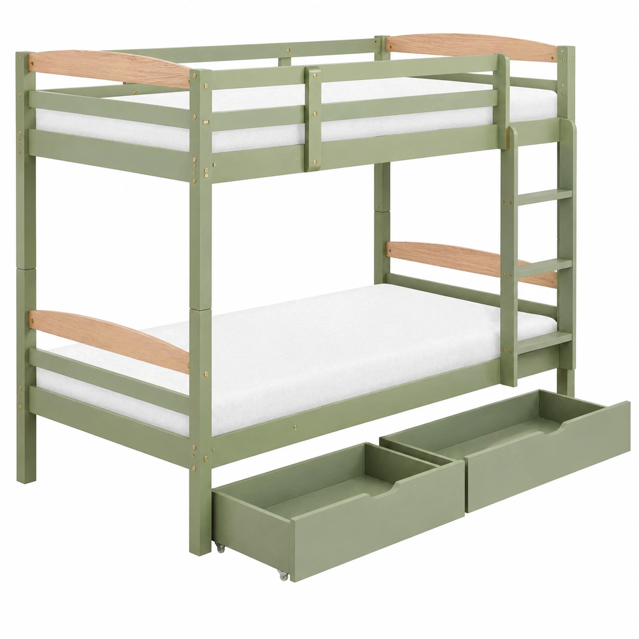 Litera Juvenil de Madera de Pino 90x200 cm con Cajones y Escalera Lateral Verde Oliva-buymovo