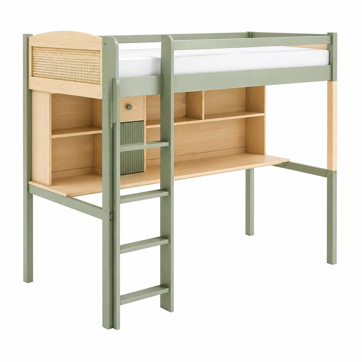 Cama alta juvenil con escritorio integrado y estanterías 90 x 200 cm – Blanco moderno-buymovo