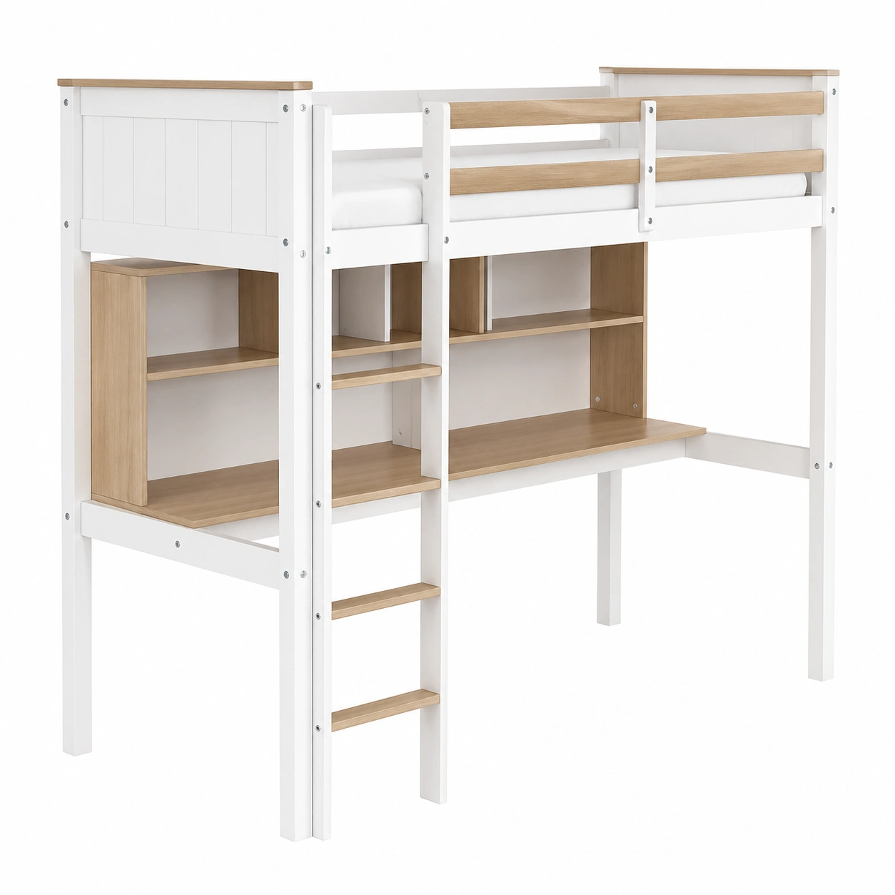 Cama alta juvenil con escritorio integrado y estanterías 90 x 200 cm en gris moderno-buymovo