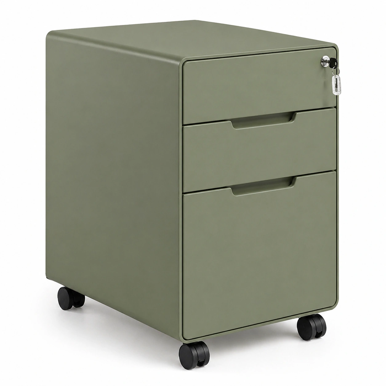 Cajonera de oficina con ruedas y cerradura en metal verde oliva-buymovo