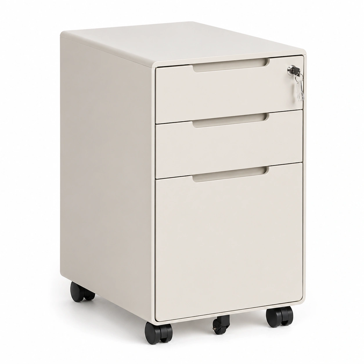 Cajonera metálica de oficina con ruedas y cerradura en color beige claro-buymovo