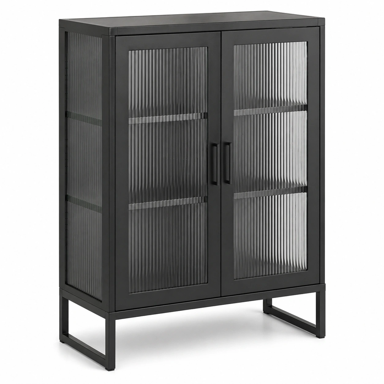 Armario moderno de metal con puertas de vidrio acanalado y diseno industrial negro-buymovo