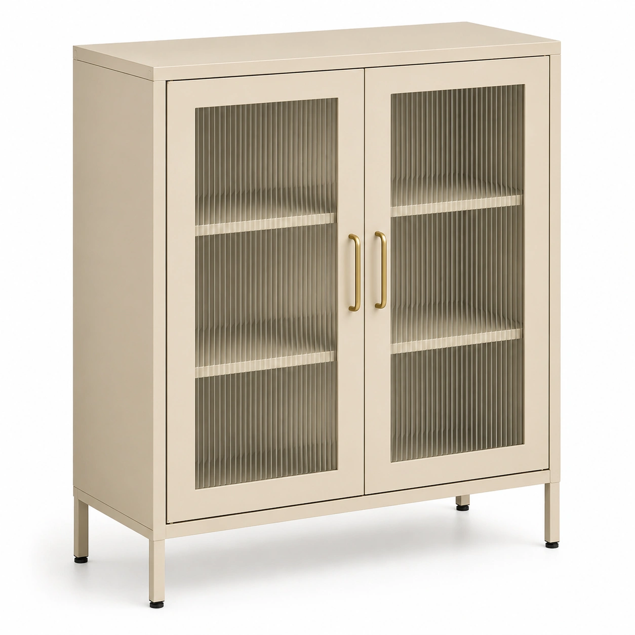 Armario de oficina metálico con puertas de vidrio texturizado y diseno moderno en tono crema-buymovo
