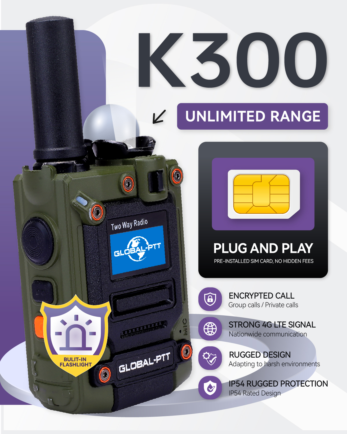global-ptt K300 Push-to-Talk over Cellular Radio with Flashlight
