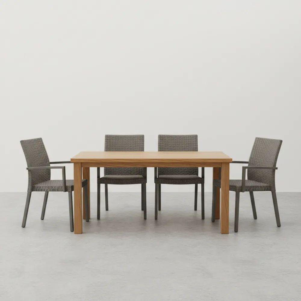 Conjunto mesa comedor madera teca sillas aluminio ratán 4 plazas exteriores