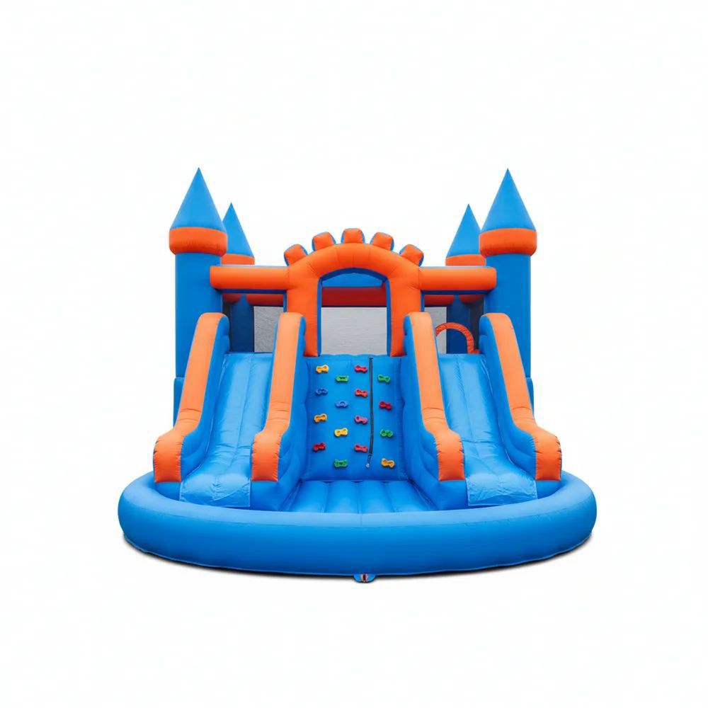 Castillo Hinchable Infantil con Toboganes Dobles de PVC Azul y Naranja