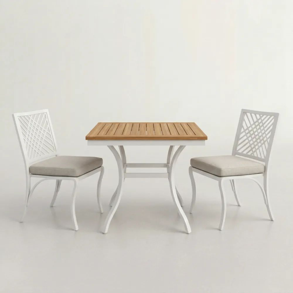 Conjunto de Mesa y Sillas de Madera de Acacia y Metal Blanco con Recubrimiento en Polvo para Exterior, 3 Piezas-Homeluxeu