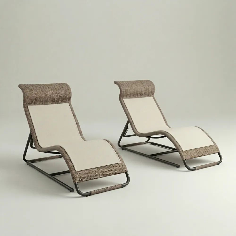 Conjunto de Tumbonas de Ratán Sintético y Tela Beige