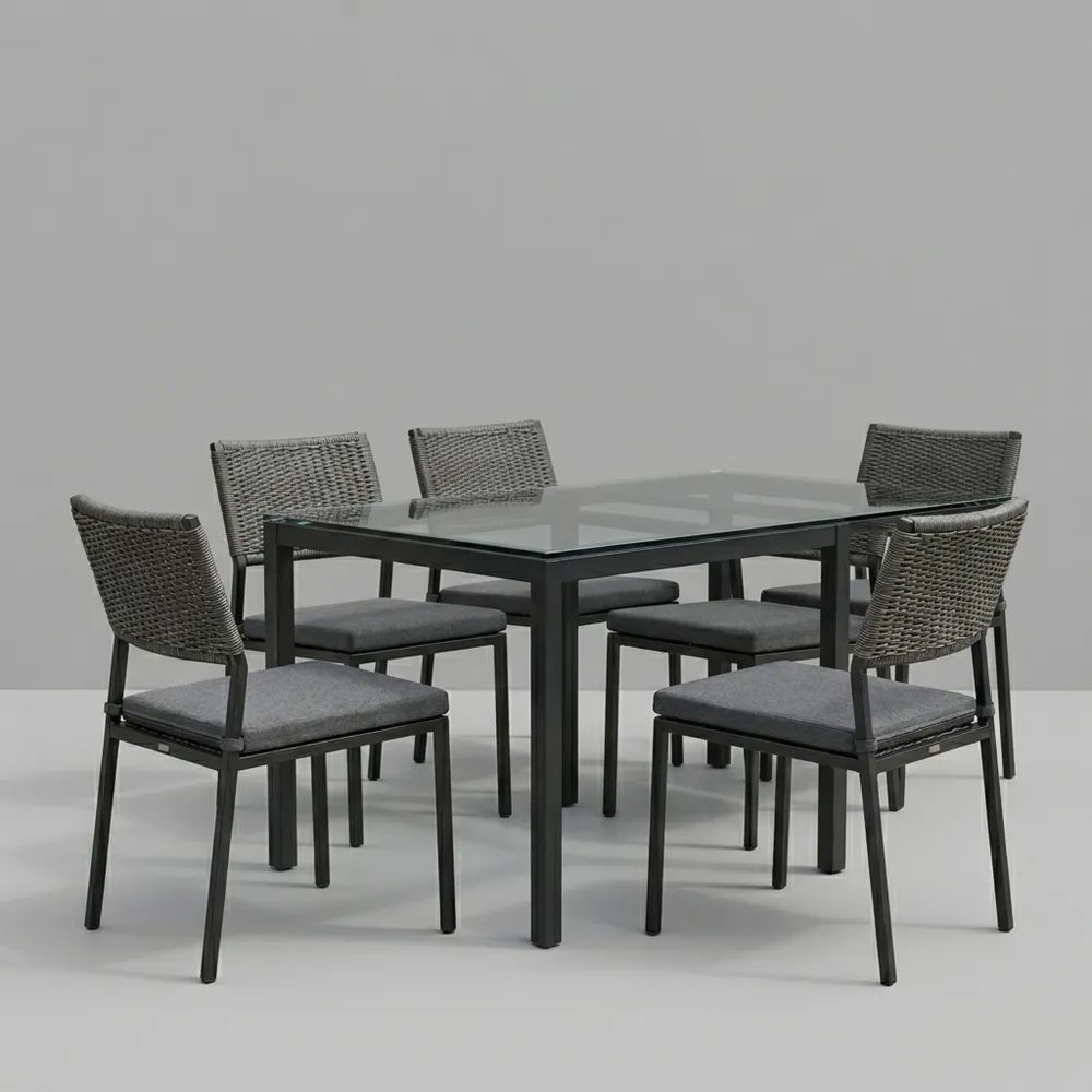 Conjunto de Comedor Exterior con Mesa de Vidrio Templado y Sillas de Acero y Ratán Sintético Gris