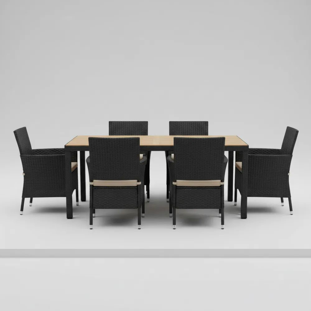Juego de Comedor Exterior 7 Piezas Ratán Sintético Negro, Madera y Acero con Recubrimiento en Polvo