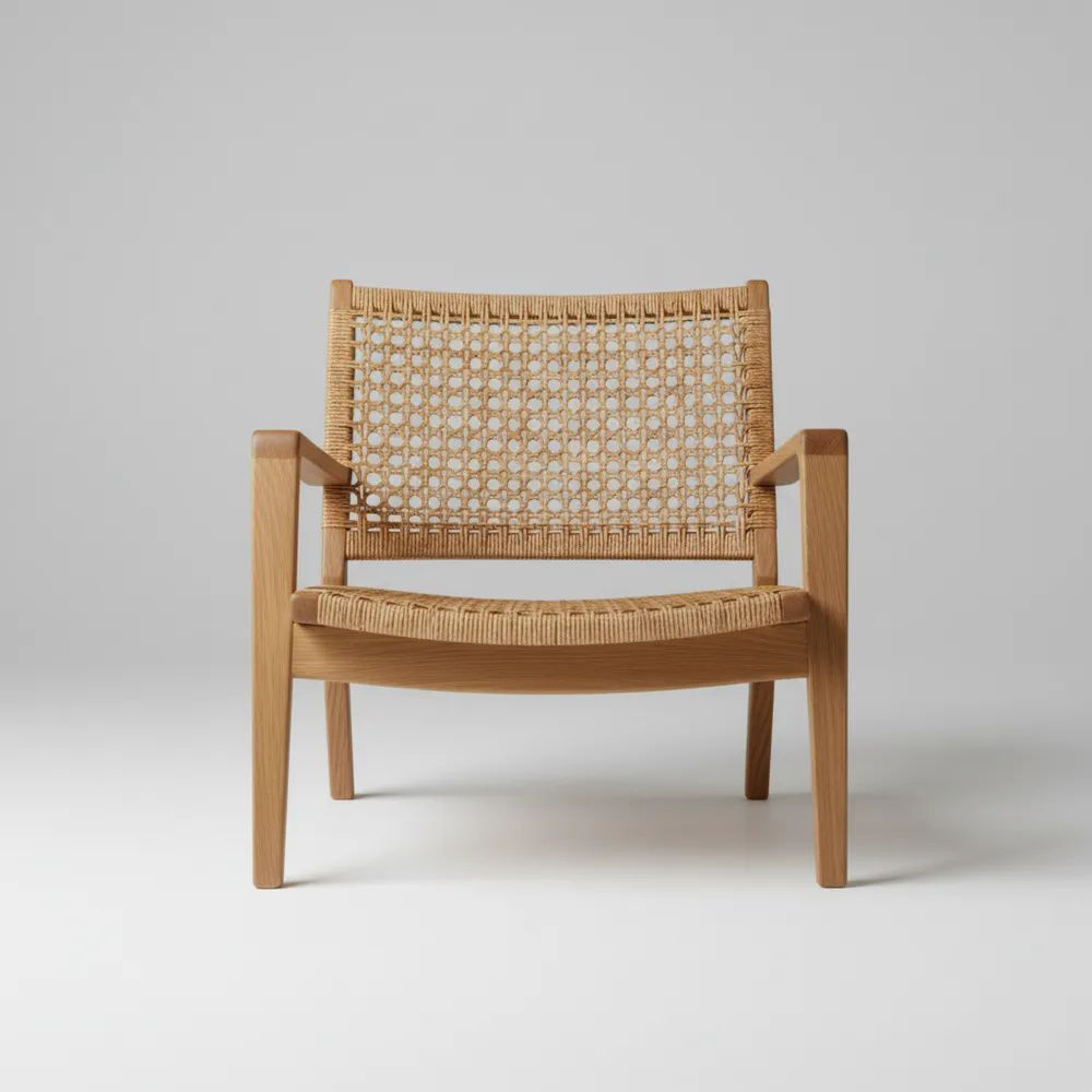 Sillón de madera de roble con respaldo y asiento de ratán