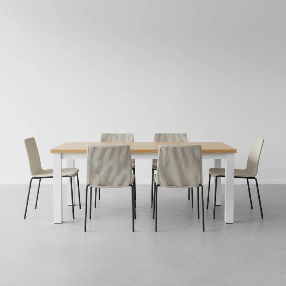 Conjunto de Comedor: Mesa de MDF con Patas de Acero + 6 Sillas de Acero Tapizadas en Poliéster
