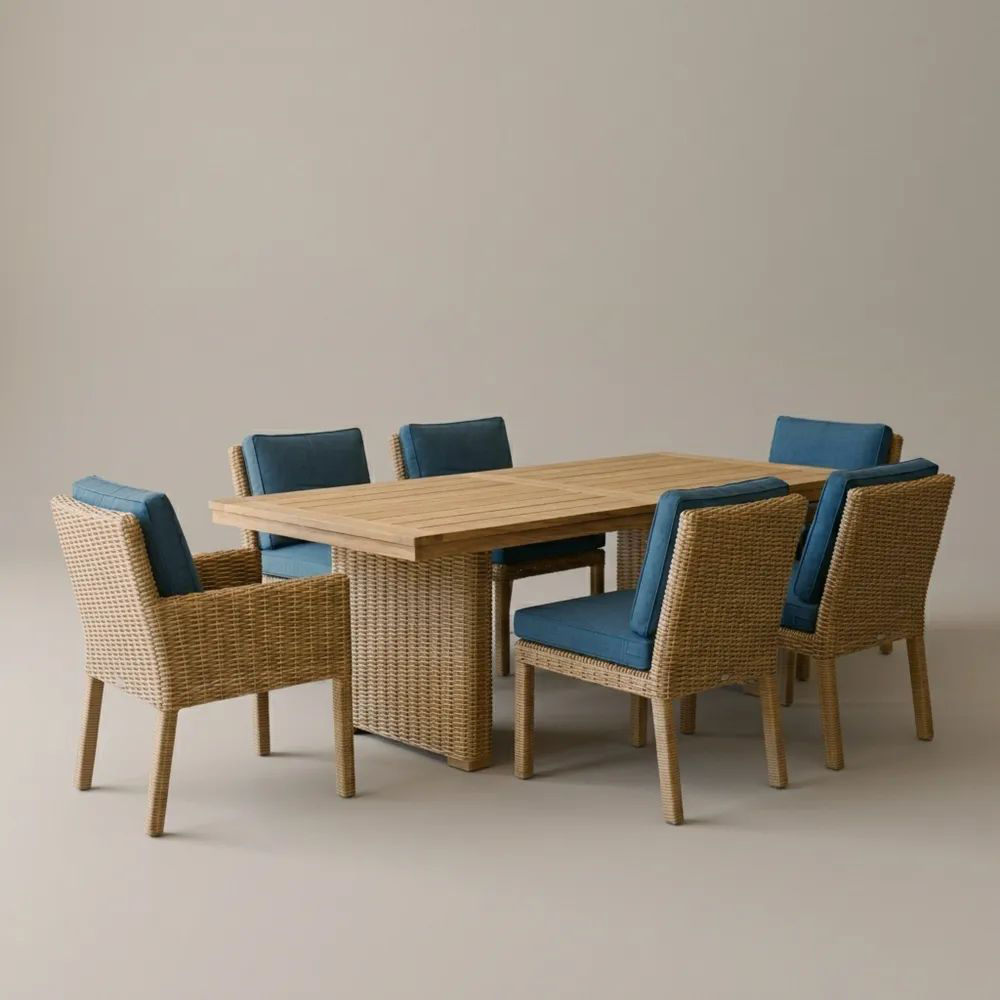 Conjunto de comedor de jardín mesa de madera de teca sillas de ratán sintético con estructura de acero cojines azules-Homeluxeu