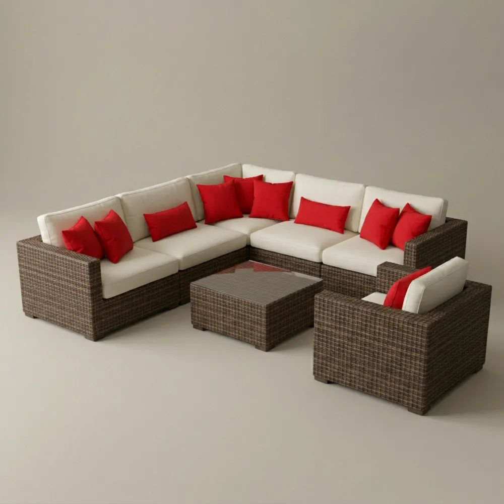 Conjunto de Sofás de Esquina en Ratán Sintético con Cojines Rojo y Beige