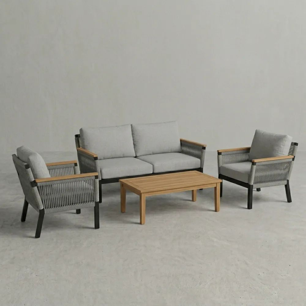 Conjunto de Muebles de Exterior Sofá Aluminio Teca Cojines Poliéster Gris