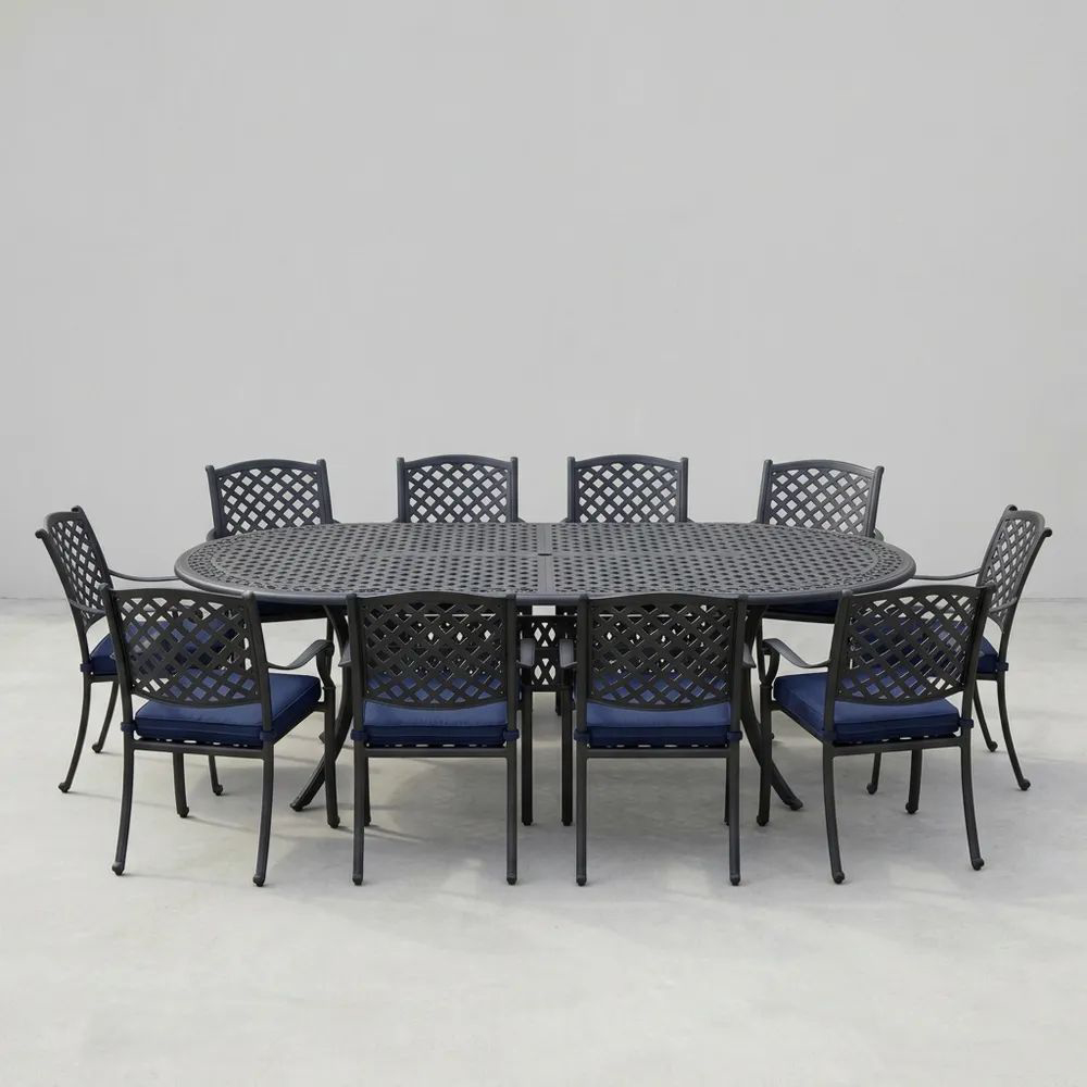Conjunto de Mesa y Sillas de Acero para Exterior con Cojines Azules