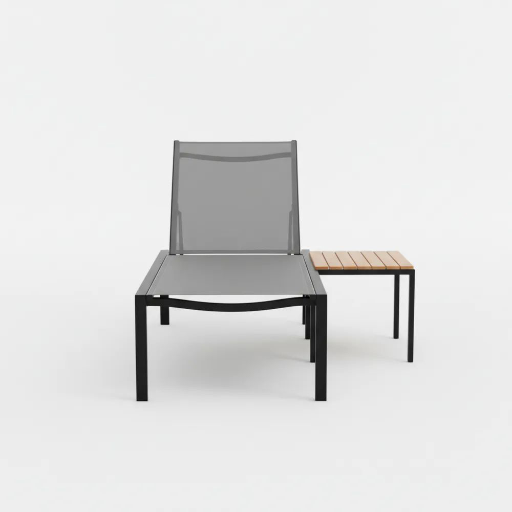 Tumbona de Aluminio Anodizado Negro con Textileno Gris y Mesa Auxiliar de Madera