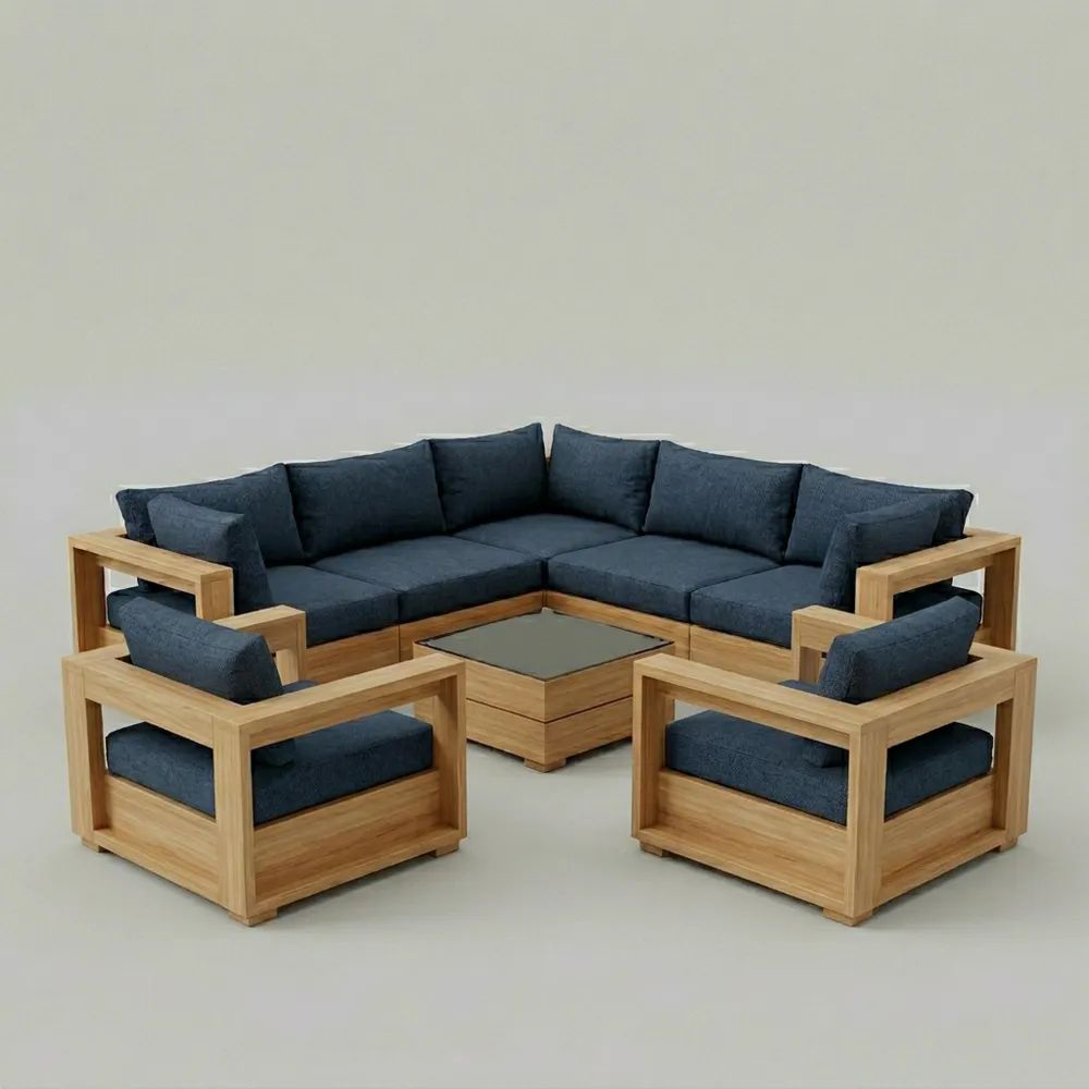 Conjunto de Muebles de Jardín de Madera Maciza con Cojines de Poliéster Azul y Mesa de Vidrio Templado-Homeluxeu