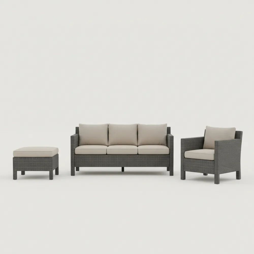Conjunto de Muebles de Jardín de Ratán Sintético Gris con Cojines Beige