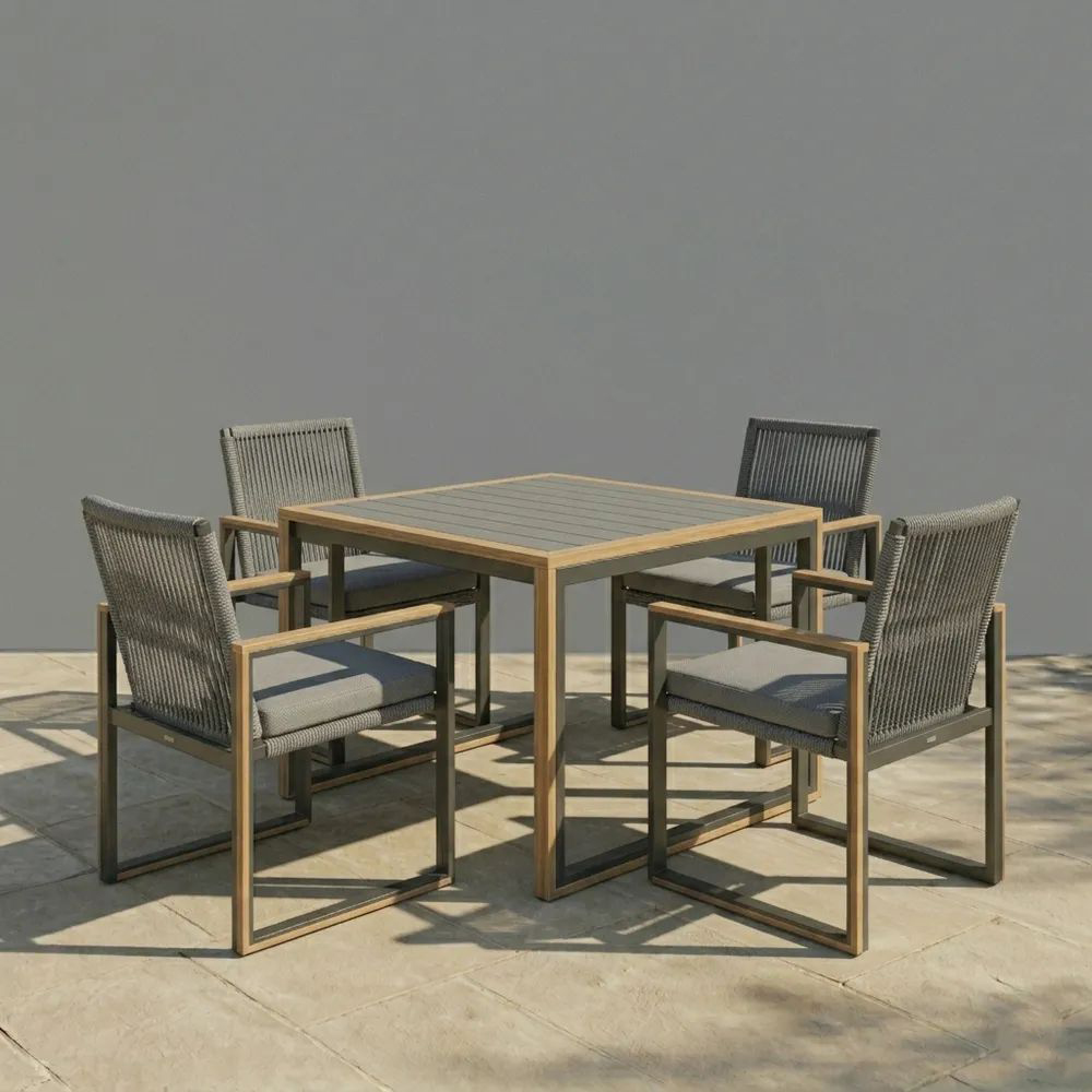 Juego de comedor exterior de madera de teca y aluminio con sillas de cuerda de poliéster gris