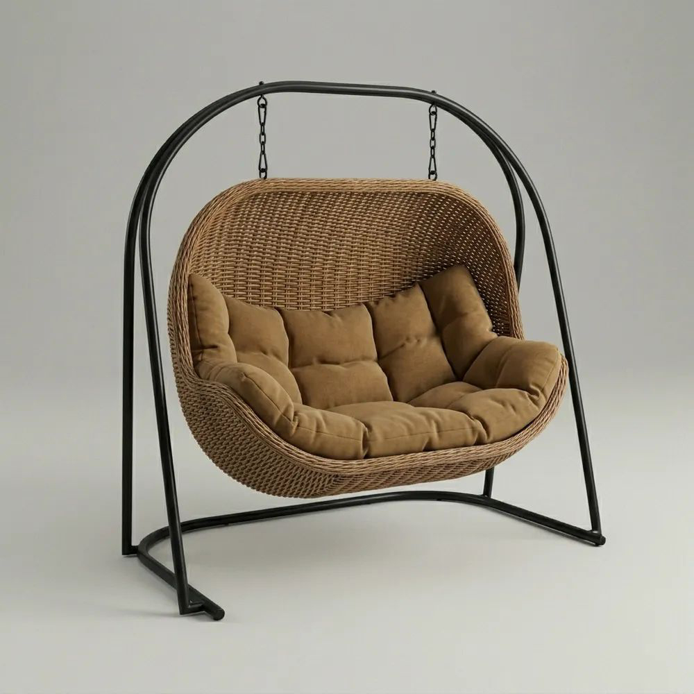 Silla colgante de mimbre con cojín marrón y estructura de acero galvanizado negro