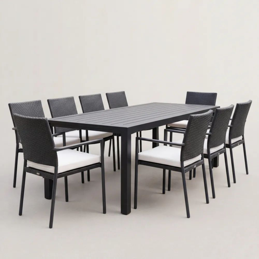 Juego de comedor exterior mesa rectangular de aluminio con  9 sillas de ratán sintético