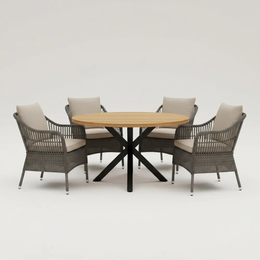 Conjunto de Mesa Redonda de Madera y Sillas de Ratán Sintético para Exterior