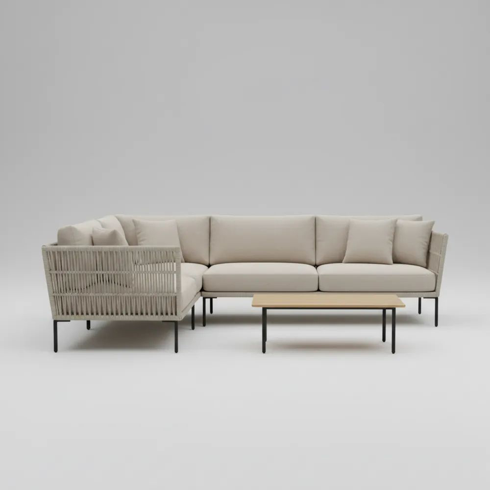 Conjunto de sofá modular de esquina al aire libre en aluminio, poliéster, mesa de madera 250 (largo) x 250 (ancho) x 70 (alto)   cm Beige-Homeluxeu
