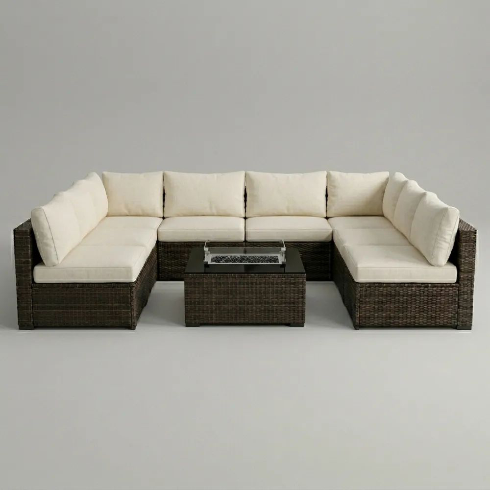 Conjunto de Sofás Modulares de Ratán Sintético y Mesa de Vidrio