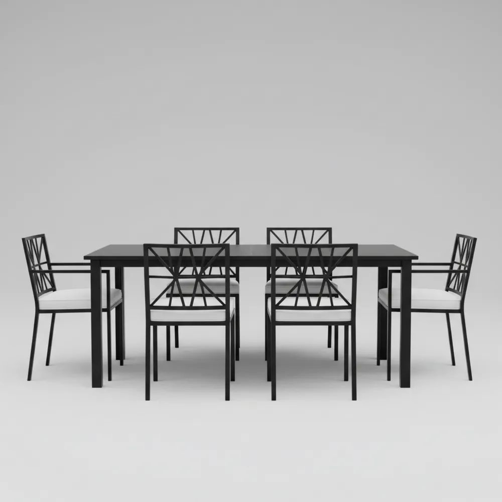 Conjunto de comedor de metal negro con 6 sillas y cojines blancos