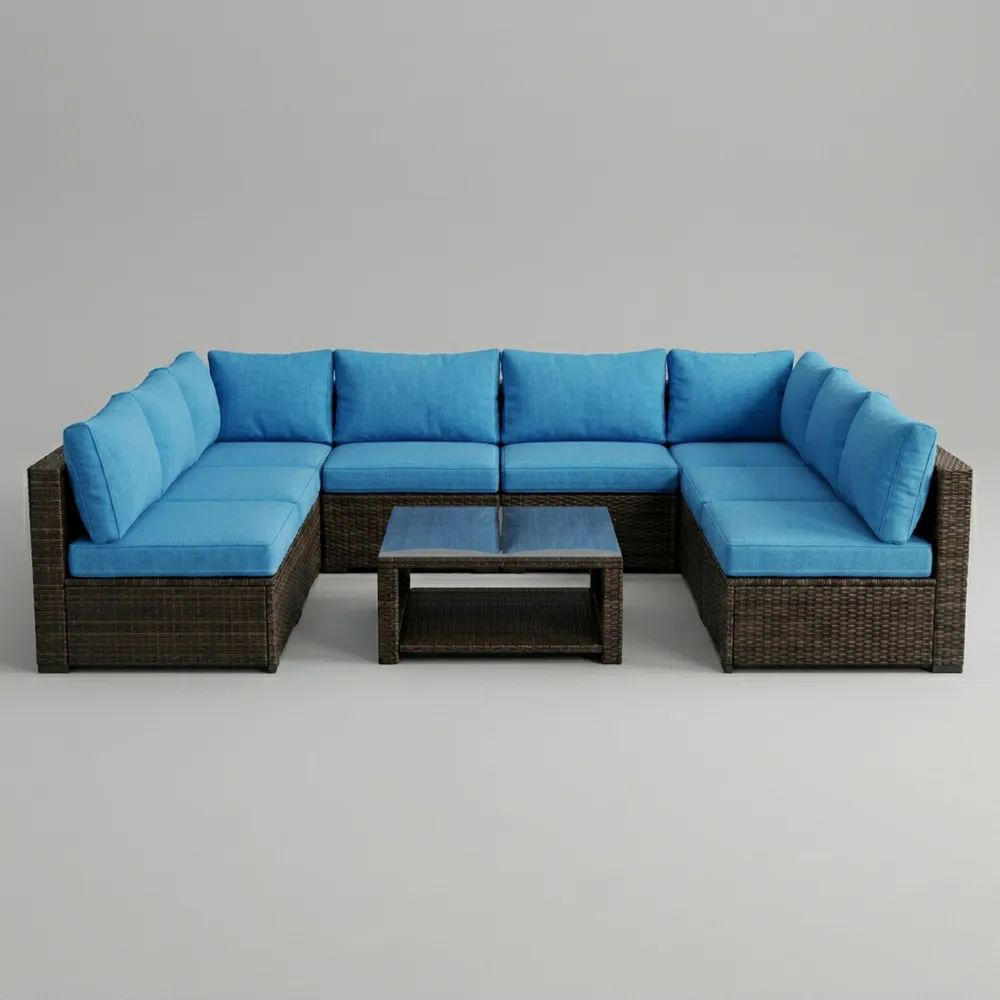 Conjunto de Sofá Esquinero de Ratán Sintético Azul con Mesa de Vidrio