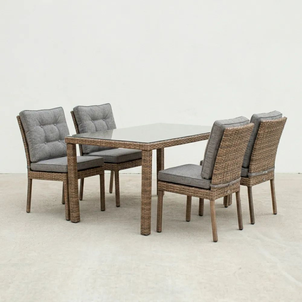 Conjunto de Comedor Exterior Mesa de Vidrio Templado y Sillas de Ratán Sintético