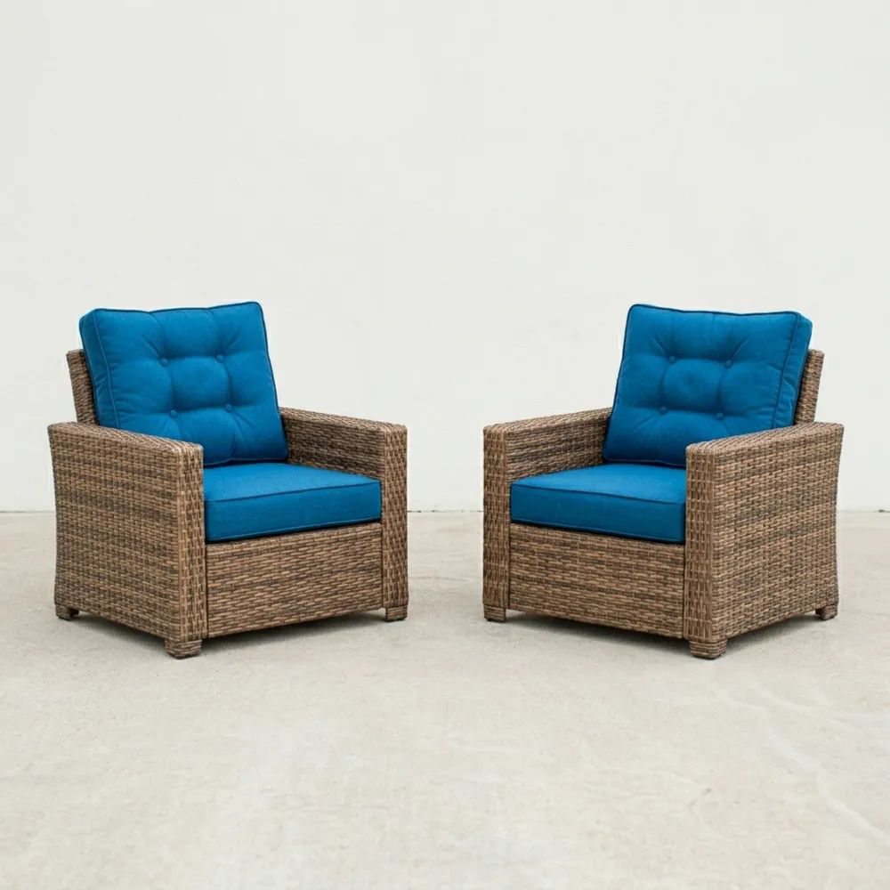 Juego de 2 Sillones de Exterior en Ratán Sintético con Cojines Azules