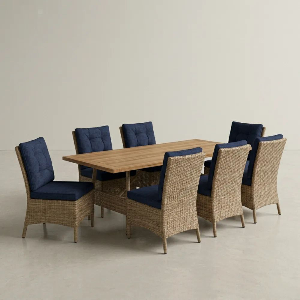 Conjunto de comedor 7 piezas madera de acacia y mimbre cojines azul