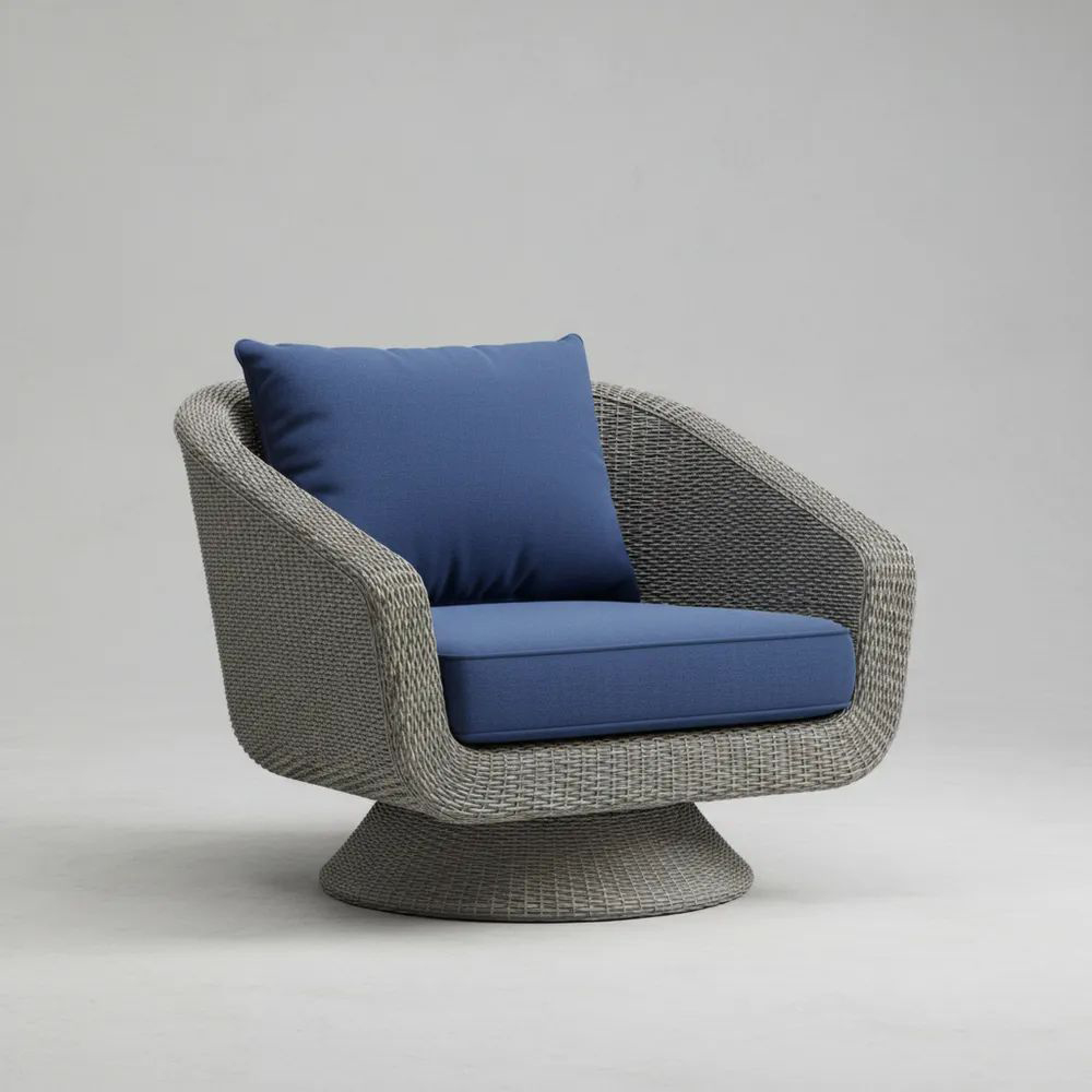 Silla Giratoria de Ratán Sintético Gris con Cojines Azules