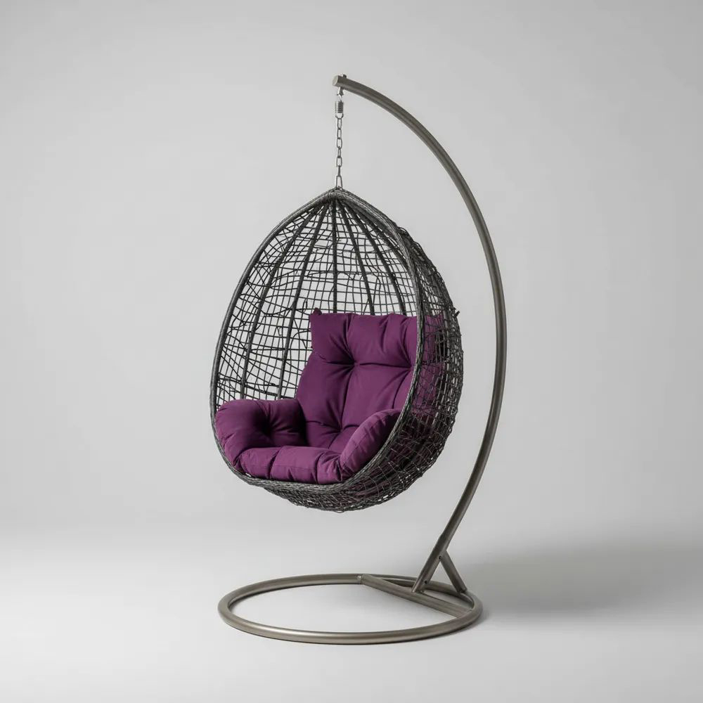 Silla colgante de Rattán Sintético con Cojín de Tela de Poliéster Morado Estructura Acero