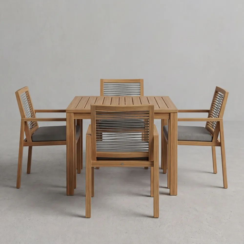 Conjunto de Mesa y Sillas de Madera de Teca con Cojines de Poliéster Grises