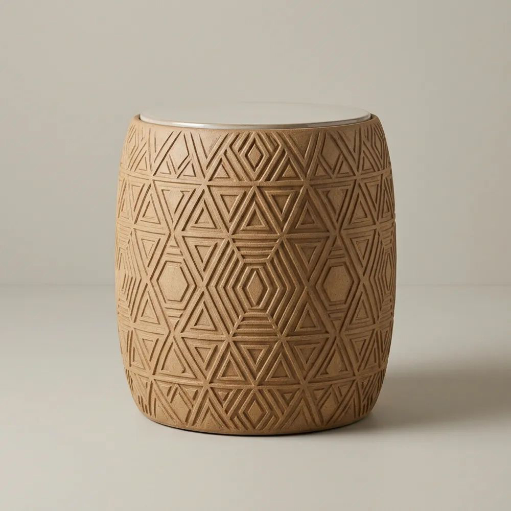 Taburete de cerámica con patrón geométrico marrón