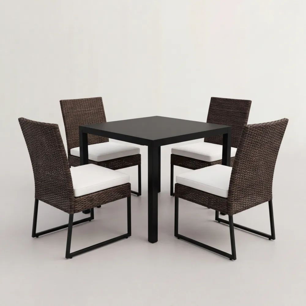 Juego de comedor exterior de mimbre con mesa de aluminio y cojines de poliéster