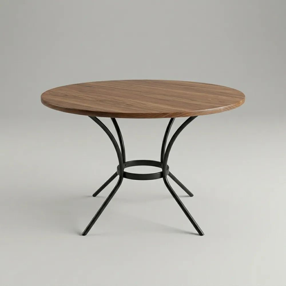 Mesa de comedor redonda de madera y acero galvanizado negro, Diámetro: 100 cm