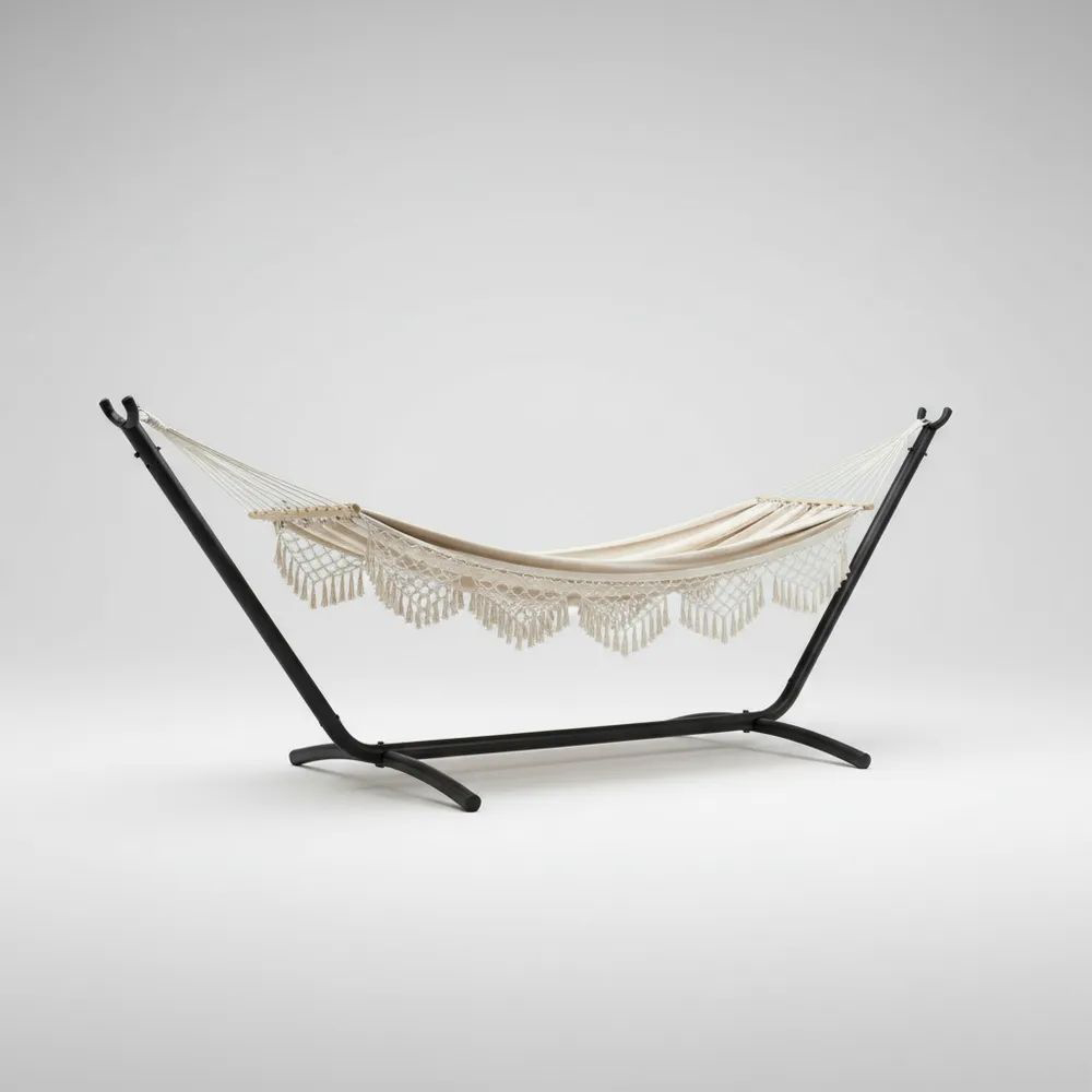 Hamaca de Algodón con Soporte de Acero Galvanizado Negro Crema 300(largo) x 120(ancho) cm