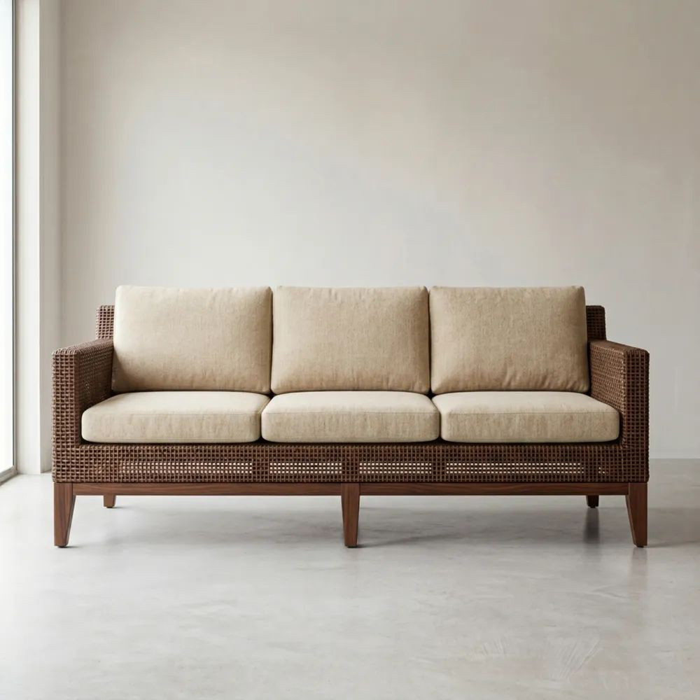 Sofá de Ratán Sintético con Cojines Beige y Base de Madera