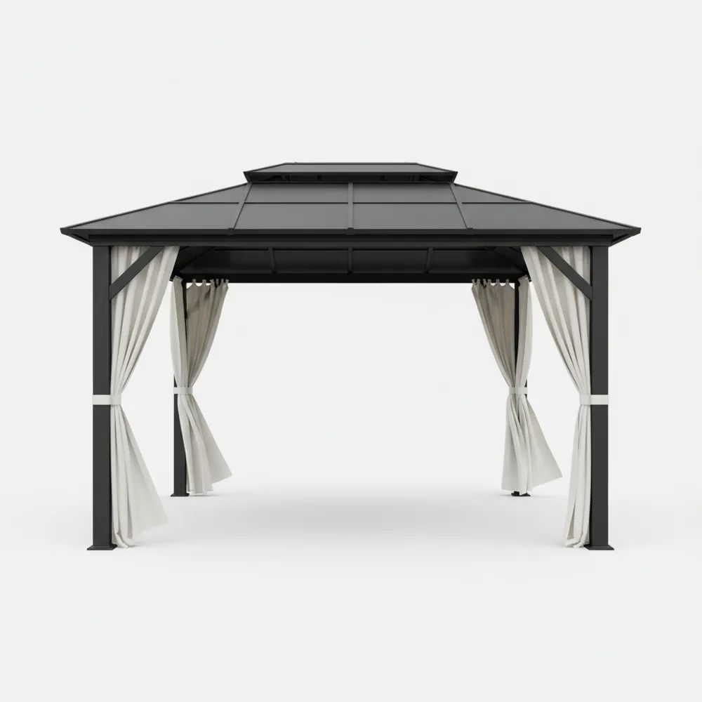 Pérgola de Aluminio con Techo de Policarbonato y Cortinas de Poliéster