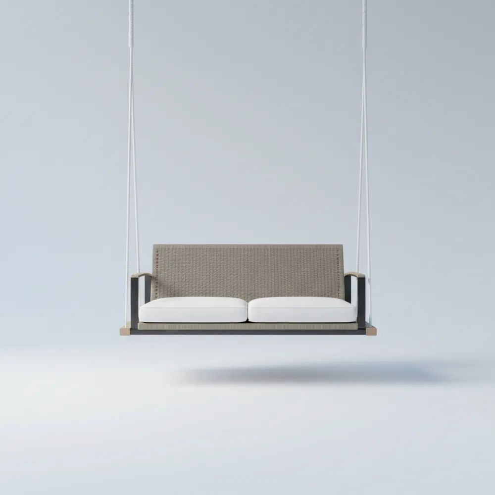 Columpio de Ratán Sintético para Exterior con Cojines en Algodón Blanco