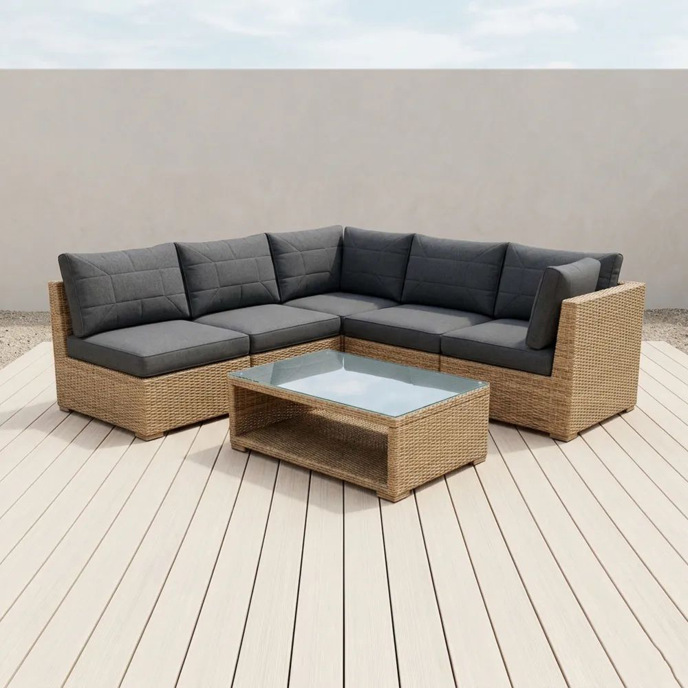 Conjunto de Sofás Esquinero Exterior Ratán Sintético Cojines Grises Mesa Vidrio Templado