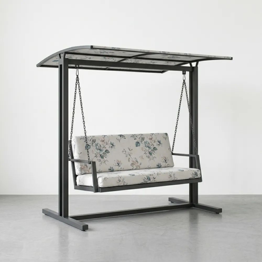 Columpio de jardín con cojines florales y estructura de acero galvanizado negro